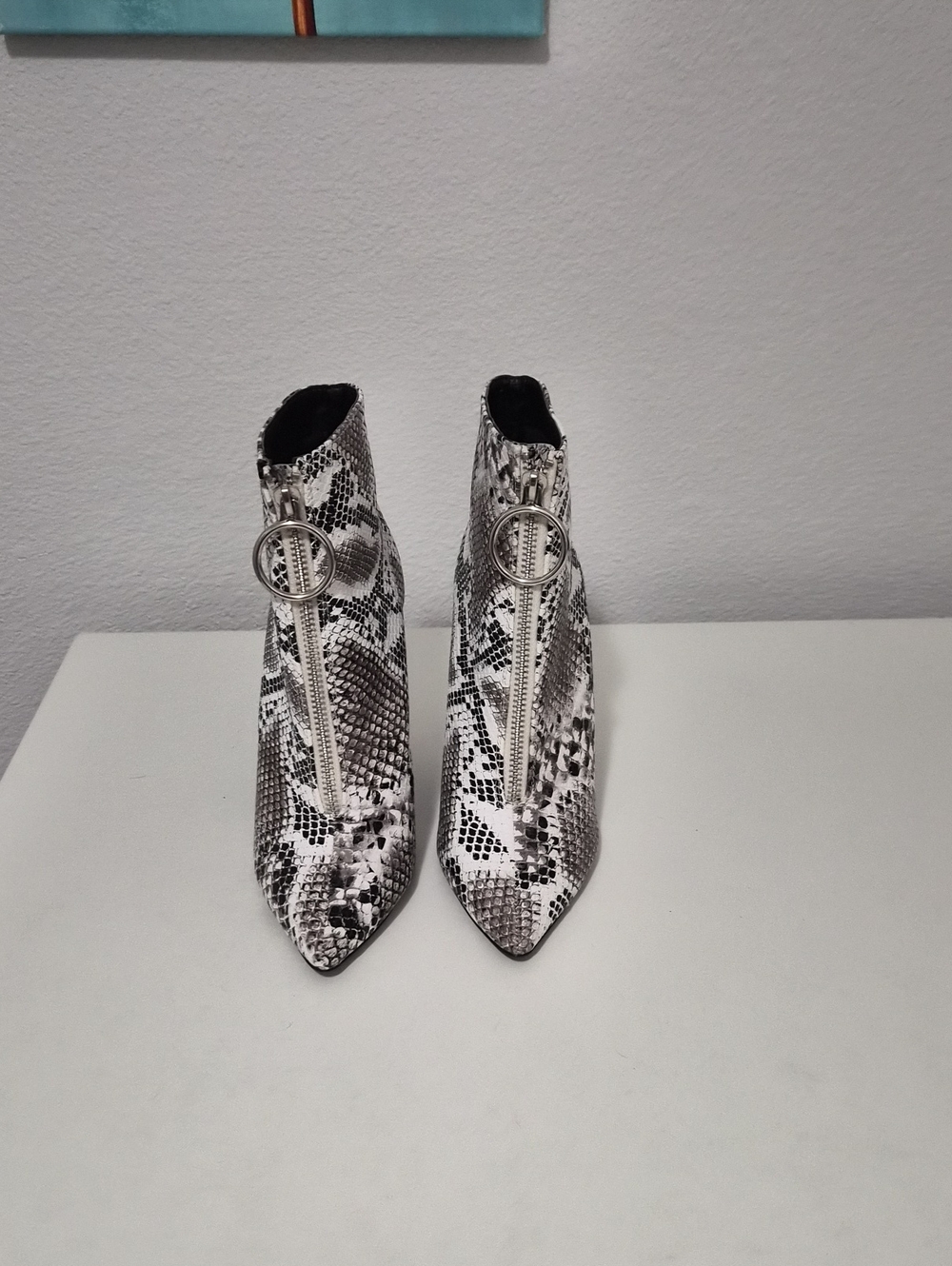 VENUS Black and White Snake-Print Pointed Ankle Booties with Front Ring Zip